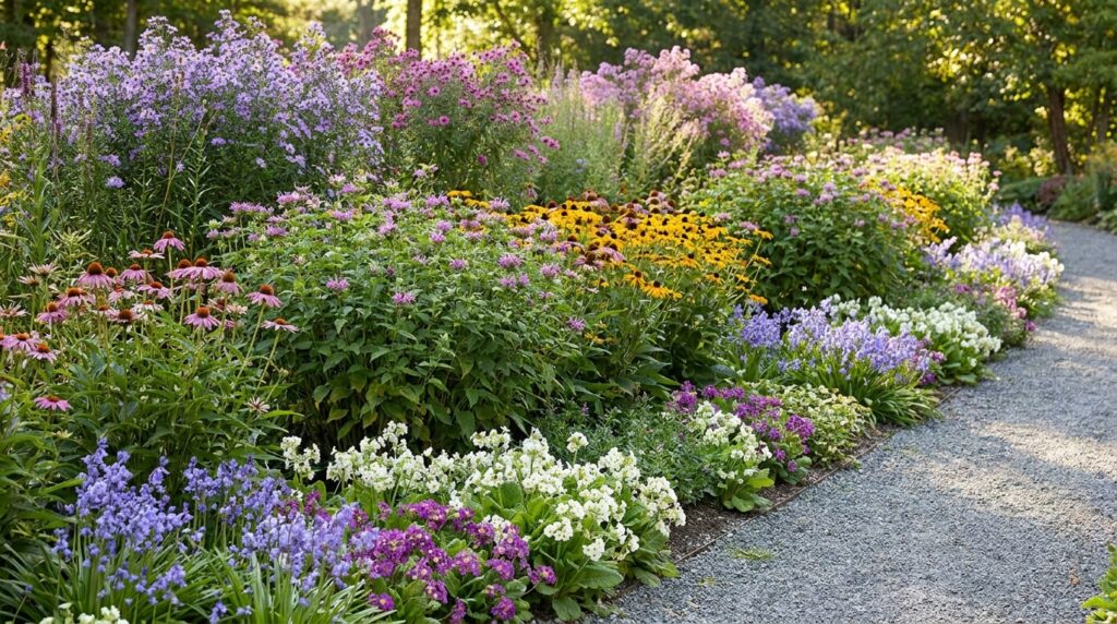 Bee friendly garden plants, native flower borders, pollinator garden design