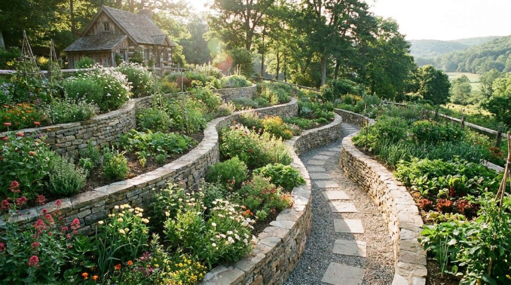 sloped garden ideas, retaining wall designs, terraced garden beds
