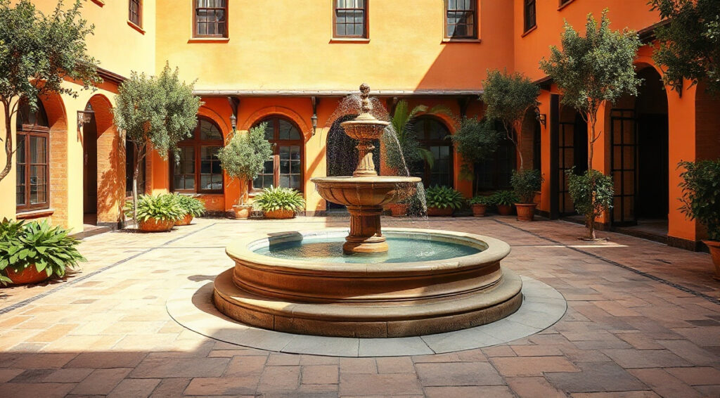 courtyard garden design, mediterranean courtyard style, courtyard water features